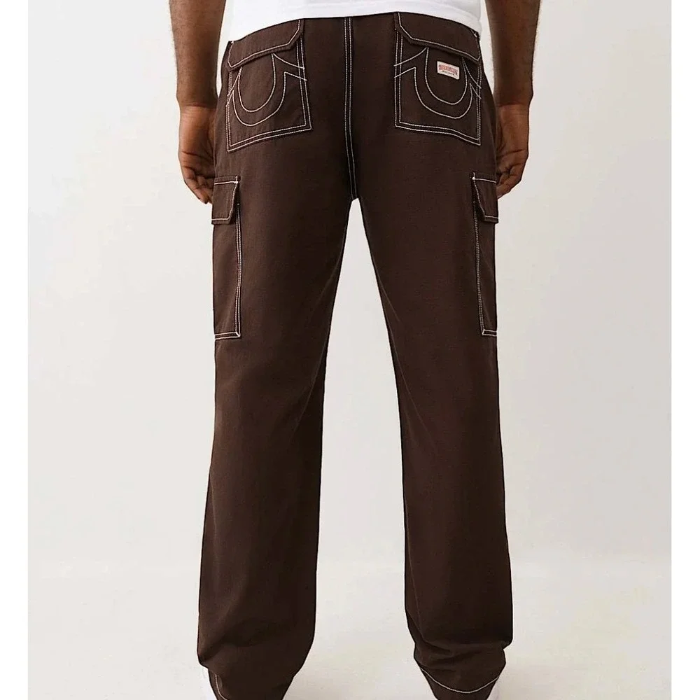 True Religion Ripstop Cargo Brown Contrast Stitch Pants Straight Leg 36 Skater